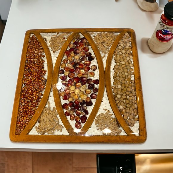 Vintage 1980s Resin Trivet Grains Dried Corn Rice Kitchen Decor Farmhouse Retro - Picture 1 of 4